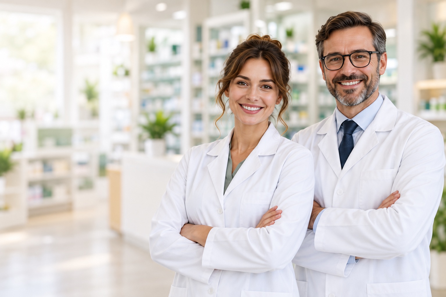 Dwoje uśmiechniętych farmaceutów w jasnej aptece